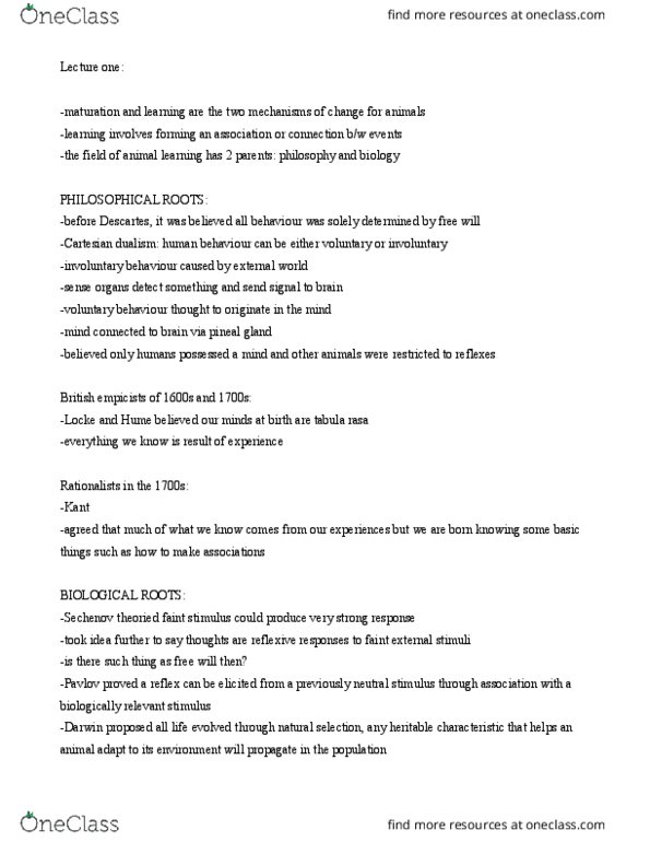 PS261 Lecture Notes - Lecture 1: Operant Conditioning, Classical Conditioning, Cognitive Map thumbnail