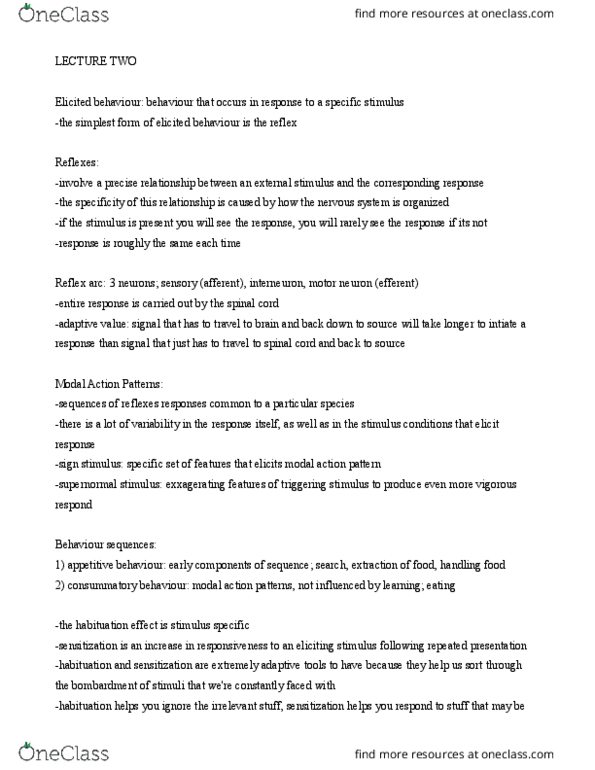 PS261 Lecture Notes - Lecture 2: Neural Pathway, Supernormal Stimulus, Reflex Arc thumbnail