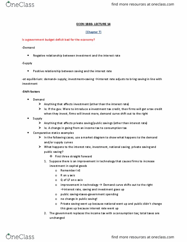 ECON 1BB3 Lecture Notes - Lecture 14: Government Budget Balance, Demand Curve, Comparative Statics thumbnail