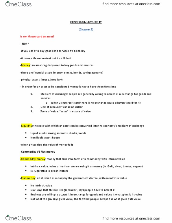 ECON 1BB3 Lecture Notes - Lecture 17: Debit Card, Savings Account, Market Liquidity thumbnail