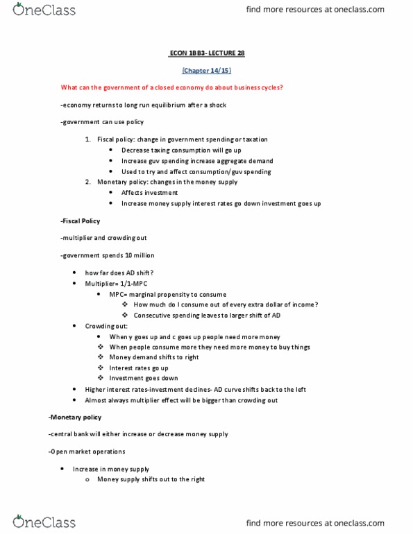 ECON 1BB3 Lecture Notes - Lecture 28: Open Market Operation, Fiscal Policy, Monetary Policy thumbnail