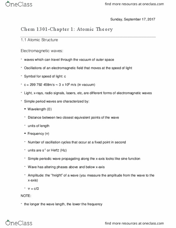Chemistry 1301A/B Lecture Notes - Lecture 1: Photon, Electromagnetic Spectrum thumbnail