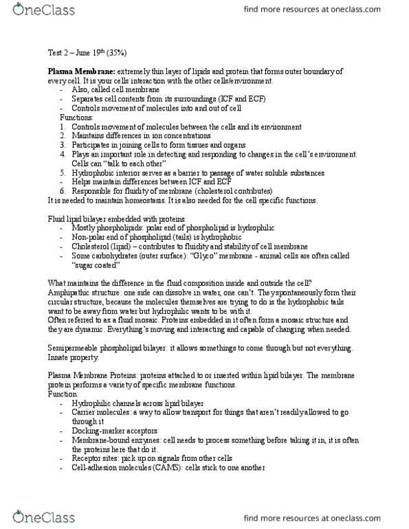 KINE 2011 Lecture Notes - Lecture 9: Lipid Bilayer, Phospholipid, Cholesterol thumbnail