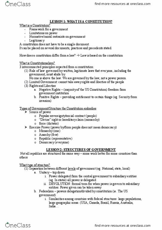 PSC 2302 Lecture Notes - Lecture 2: Bicameralism, Supremacy Clause, Constitutionalism thumbnail