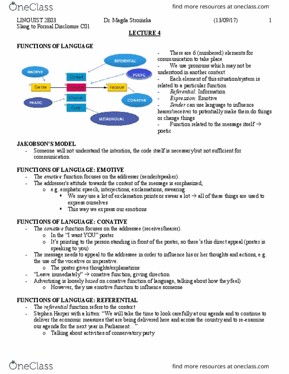 LINGUIST 2E03 Lecture Notes - Lecture 4: Baby I, Metalanguage, Phatic Expression thumbnail