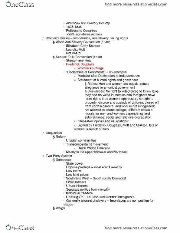 HIST 105 Lecture Notes - Lecture 6: Elizabeth Cady Stanton, Ralph Waldo Emerson, Lucretia Mott thumbnail
