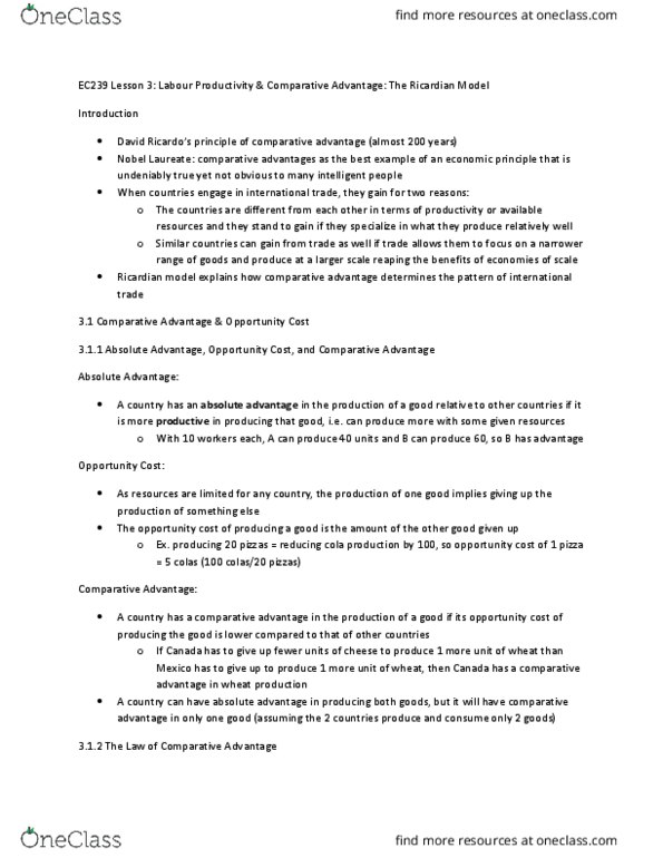 EC239 Lecture Notes - Lecture 3: Absolute Advantage, Workforce Productivity, Opportunity Cost thumbnail