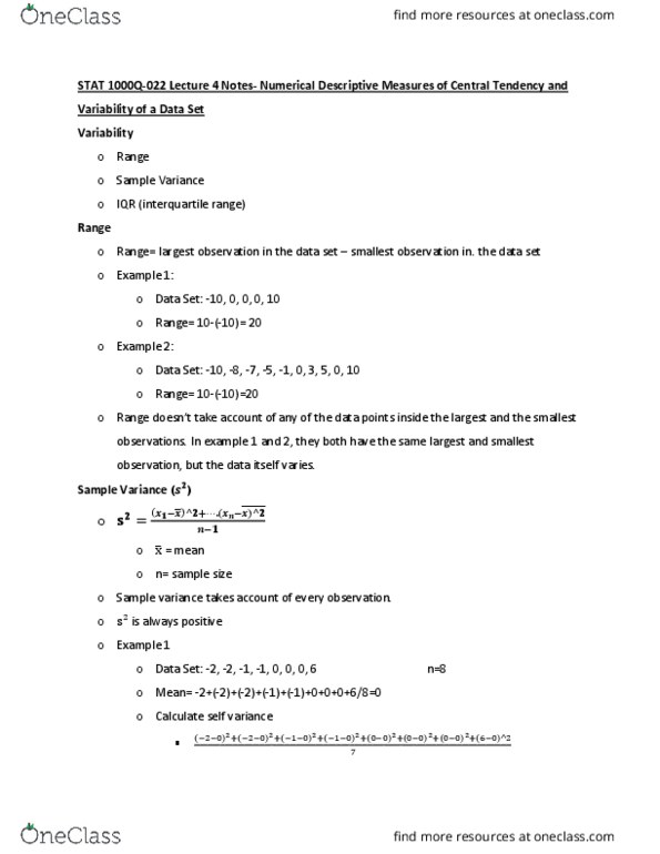 STAT 1000Q Lecture Notes - Lecture 4: Standard Deviation, Interquartile Range, Variance thumbnail