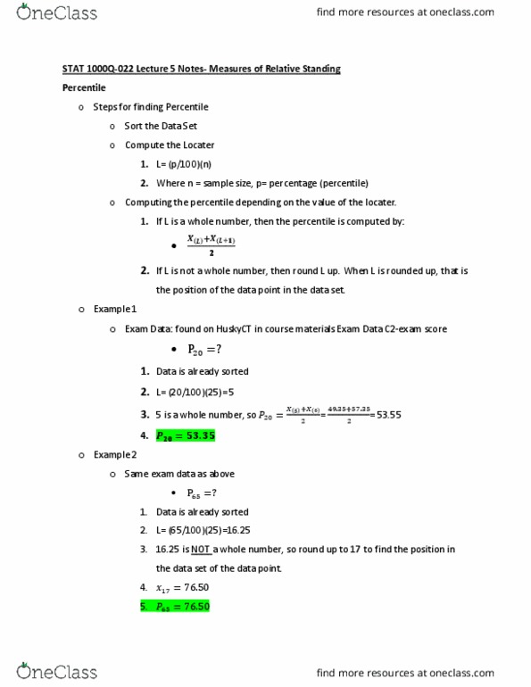 STAT 1000Q Lecture Notes - Lecture 5: Interquartile Range, Quartile, Percentile thumbnail