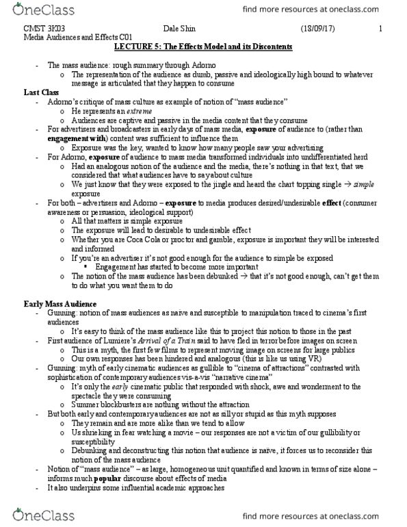 CMST 3K03 Lecture Notes - Lecture 5: Homicide, George Gerbner, Media Consumption thumbnail