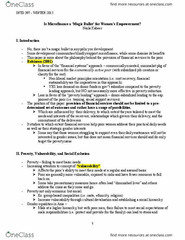 INTD 397 Chapter Notes - Chapter Microfinance: Naila Kabeer, Microfinance thumbnail