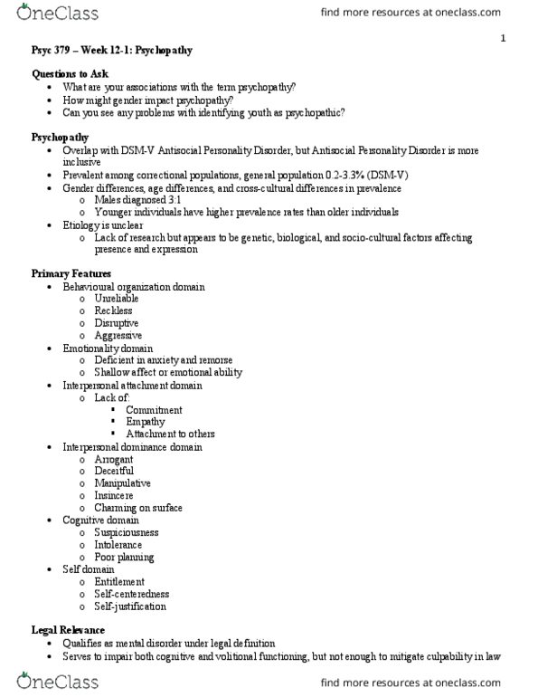 PSYC 379 Lecture Notes - Lecture 12: Schizophrenia, Factitious Disorder, Malingering thumbnail