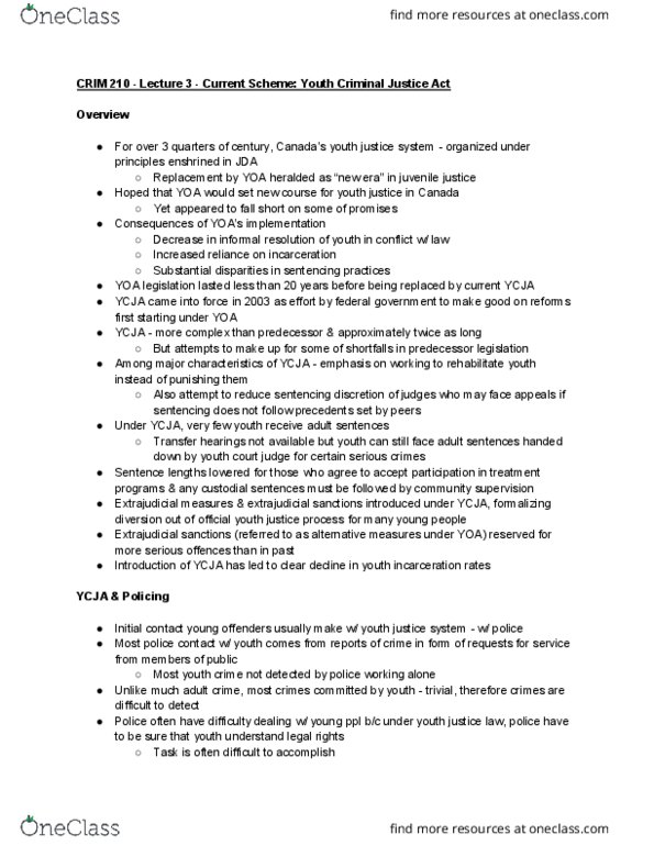 CRIM 210 Lecture Notes - Lecture 3: Articled Clerk, Youth Criminal Justice Act, Young Offenders Act thumbnail