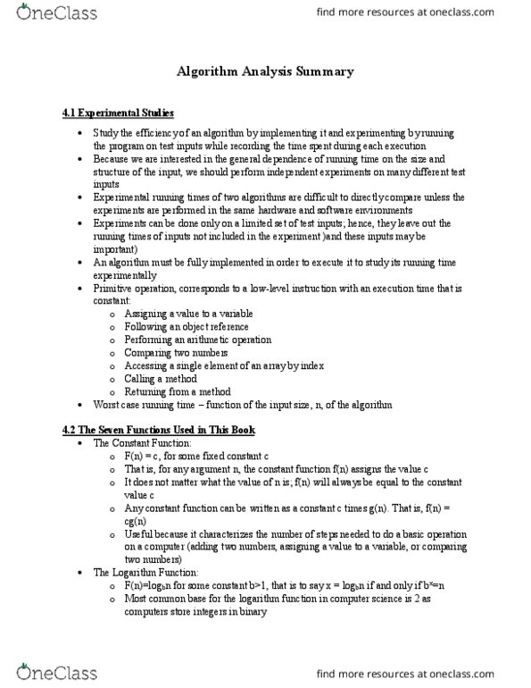 CSI 2110 Chapter Notes - Chapter 4: Analysis Of Algorithms, Constant Function thumbnail