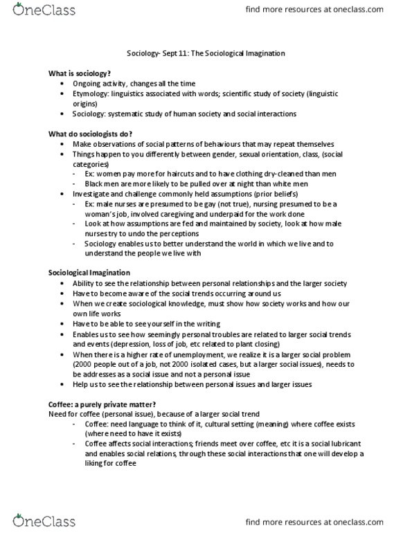 SOC 1101 Lecture Notes - Lecture 1: The Sociological Imagination thumbnail