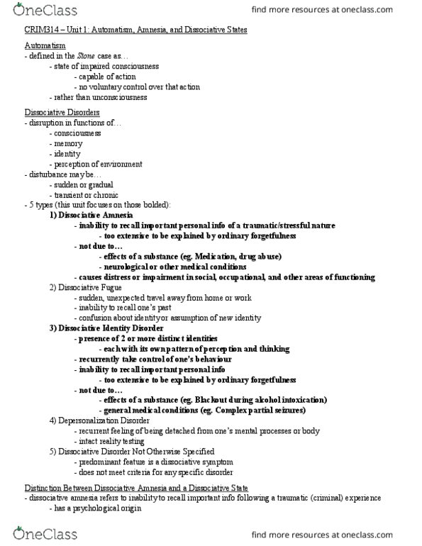 CRIM 314 Lecture Notes - Lecture 1: Sleep Disorder, Actus Reus, Psychogenic Amnesia thumbnail