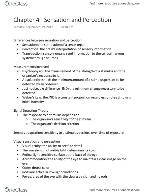 PSYCH 1101 Chapter Notes - Chapter 4: Periaqueductal Gray, Referred Pain, Sound thumbnail