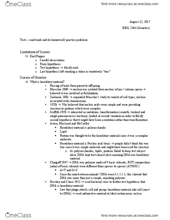 BIOL 2344 Lecture Notes - Lecture 1: Linus Pauling, Pyrimidine, Ribose thumbnail