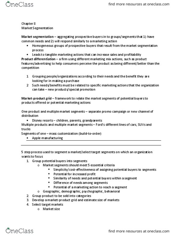 BUSMKT 1040 Chapter Notes - Chapter 8: Market Segmentation, Mass Customization, Marketing Mix thumbnail