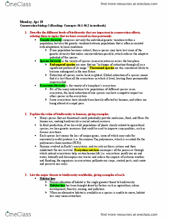 BIOL 1082 Lecture Notes - Lecture 36: Minimum Viable Population, Genetic Drift, Global Change thumbnail