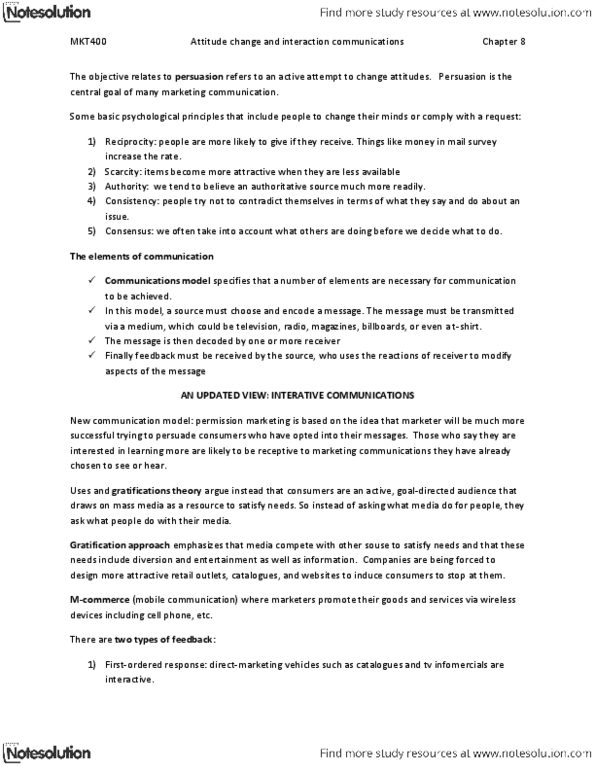MKT 400 Chapter Notes - Chapter 8: Elaboration Likelihood Model, Reporting Bias, Permission Marketing thumbnail