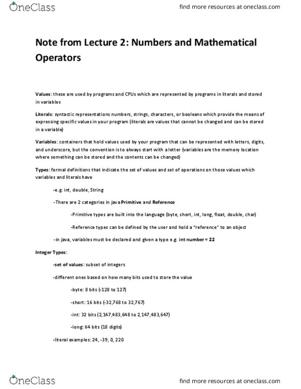 CS 18000 Lecture Notes - Lecture 2: Bitwise Operation, Downcasting, Parsing thumbnail