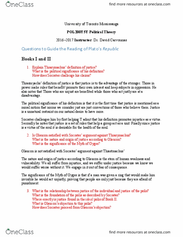 POL200Y5 Lecture Notes - Lecture 6: Noble Lie, Glaucon, Thrasymachus thumbnail