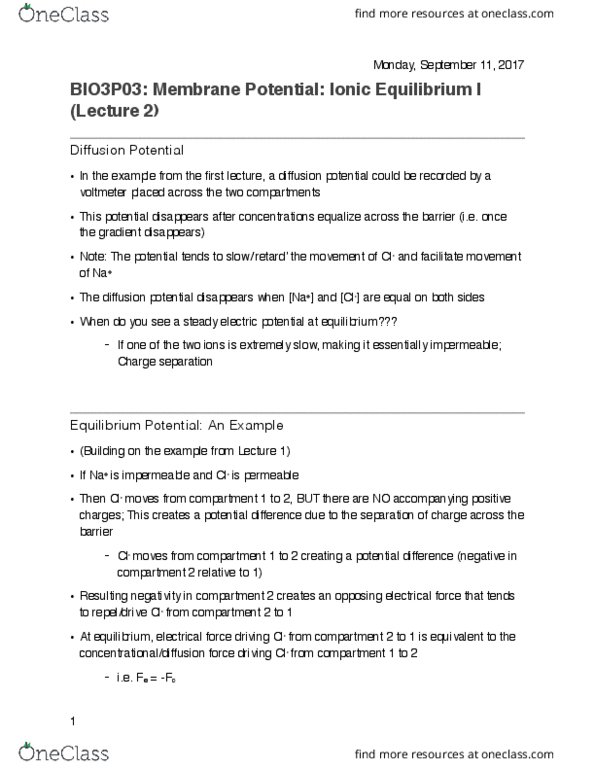 BIOLOGY 3P03 Lecture Notes - Lecture 2: Electrical Network, Lipid Bilayer, Net Force thumbnail