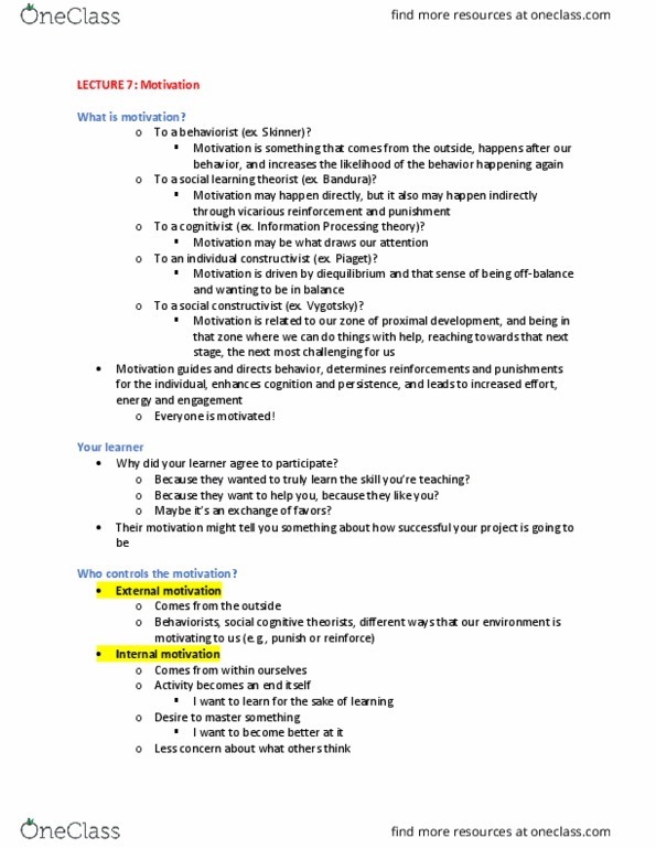 EDUC 40 Lecture Notes - Lecture 7: Classical Conditioning, Motivation, Behaviorism thumbnail