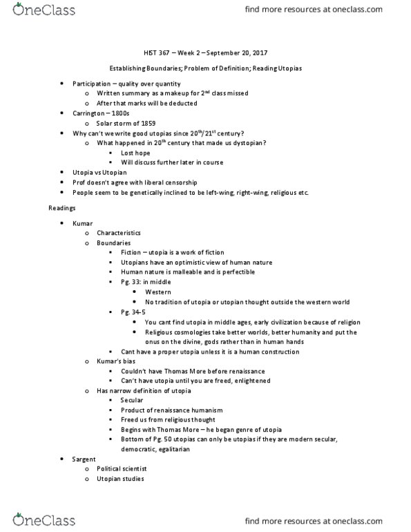 HIST 367 Lecture Notes - Lecture 2: Intentional Community, Renaissance Humanism, Utopia thumbnail