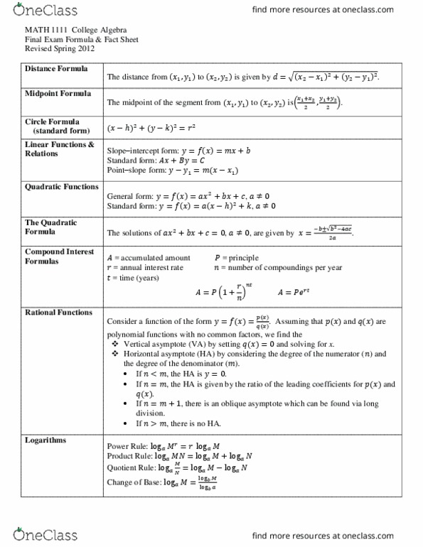 college algebra reference sheet