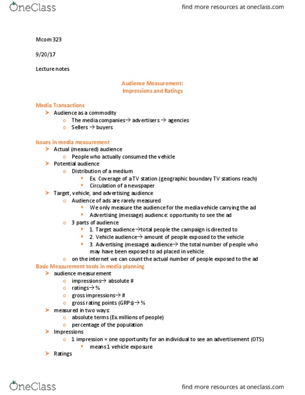 MCOM 323 Lecture Notes - Lecture 5: Audience Measurement thumbnail