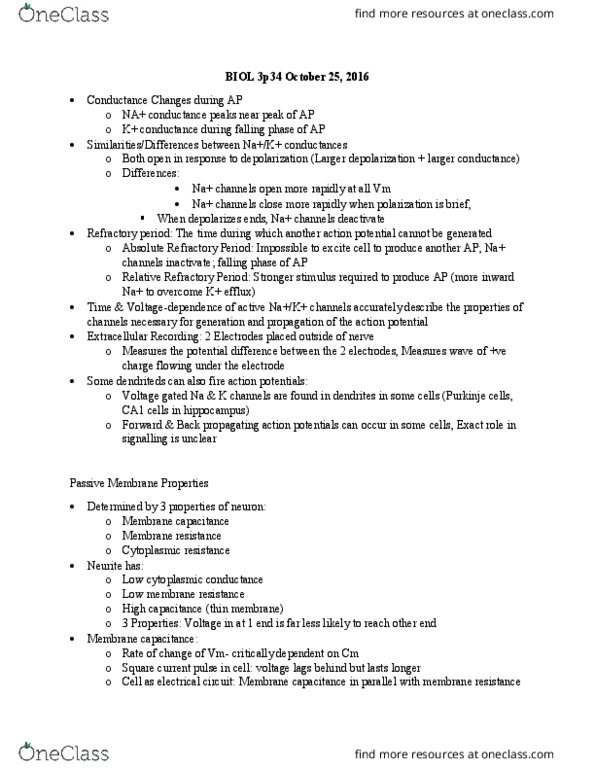 BIOL 3P34 Lecture Notes - Lecture 7: Internal Resistance, London Academy Of Music And Dramatic Art, Purkinje Cell thumbnail