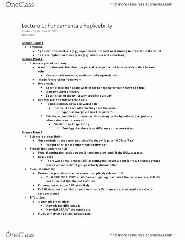 PSY309H5 Lecture Notes - Lecture 1: Type I And Type Ii Errors, Sample Size Determination, Falsifiability thumbnail