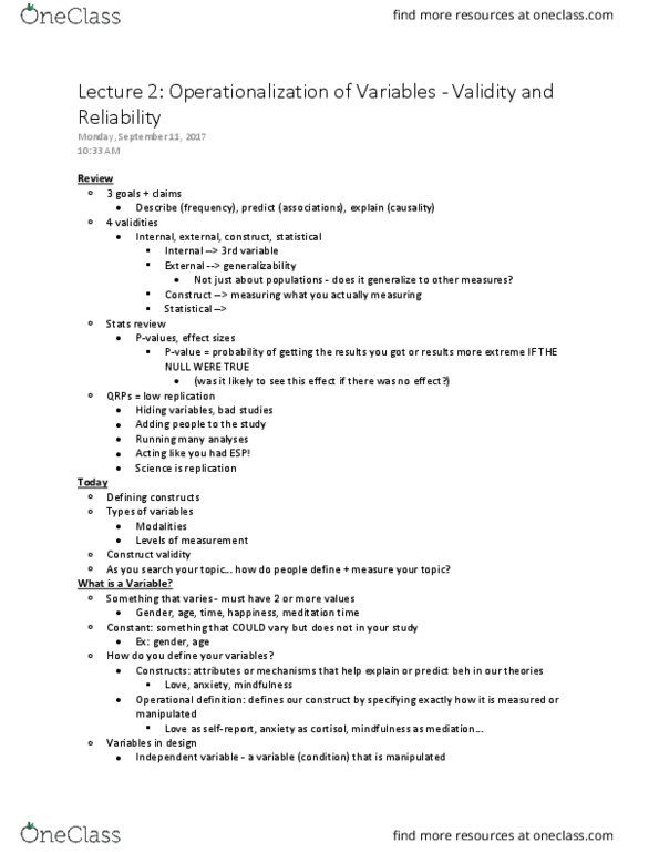 PSY309H5 Lecture Notes - Lecture 2: Observational Error, Content Validity, Diminishing Returns thumbnail