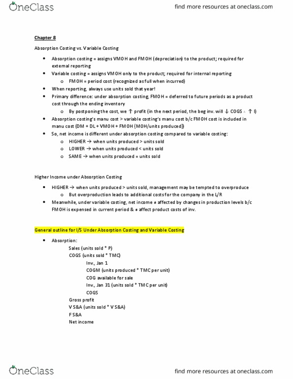 BUS 254 Lecture Notes - Lecture 8: Total Absorption Costing, Net Income, Expense thumbnail