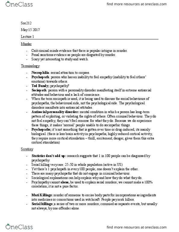 SOC212H1 Lecture Notes - Lecture 1: Antisocial Personality Disorder, Necrophilia, Psychopathy thumbnail