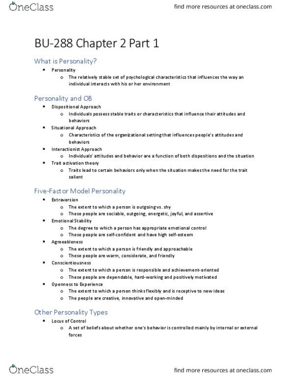 BU288 Chapter Notes - Chapter 2: Extraversion And Introversion, Conscientiousness thumbnail