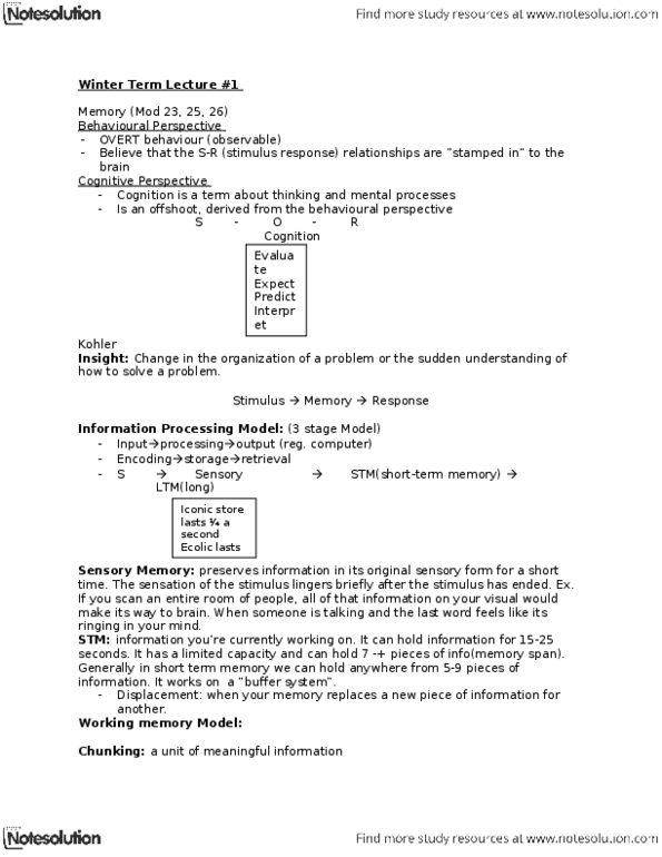 PSYC 1010 Lecture Notes - Memory Span, Mnemonic, Working Memory thumbnail