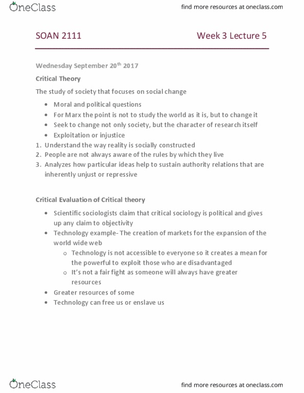 SOAN 2111 Lecture Notes - Lecture 5: Social Stratification, Symbolic Interactionism, Social Class thumbnail