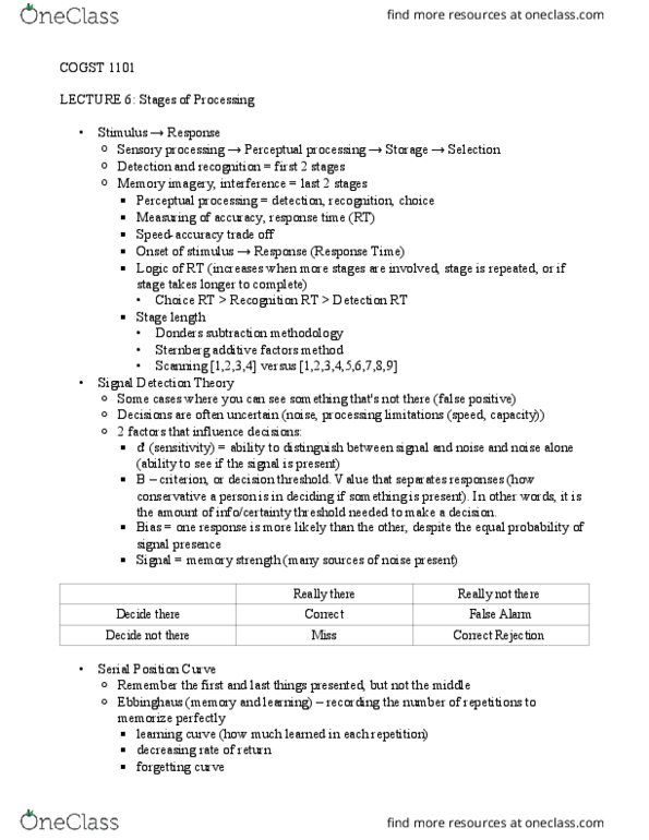 COGST 1101 Lecture Notes - Lecture 6: Detection Theory, Forgetting Curve, Franciscus Donders thumbnail