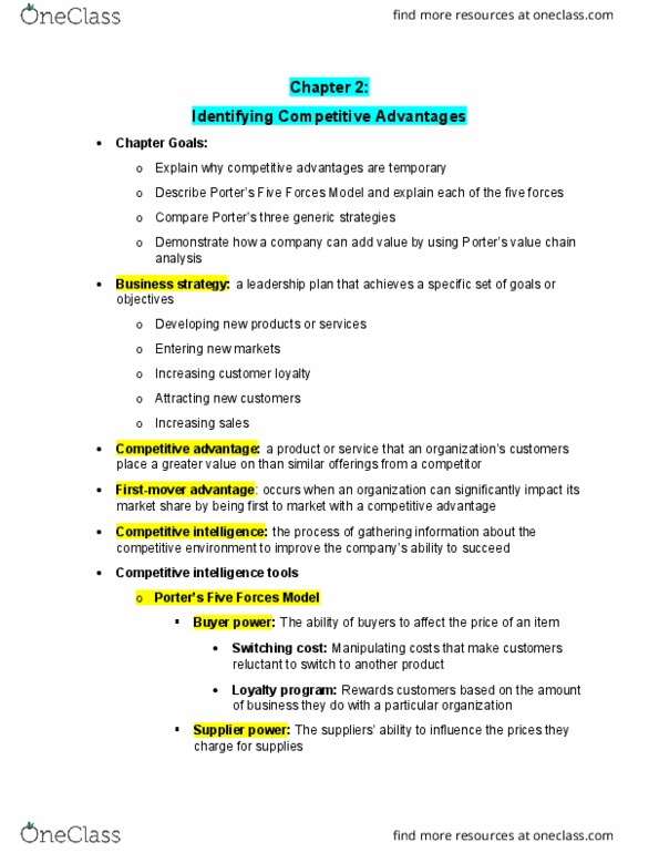 CIS 2200 Chapter Notes - Chapter 2: Product Differentiation, Human Resource Management, Competitive Intelligence thumbnail