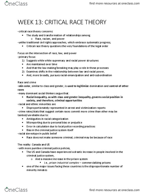 CRIM 300W Lecture Notes - Lecture 13: Jackson Katz, Conflict Theories, Critical Race Theory thumbnail