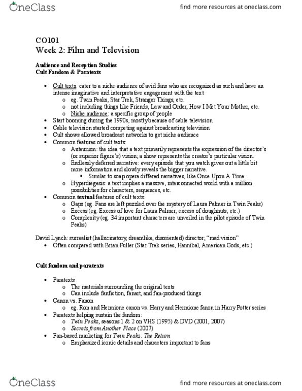 COM CO 101 Lecture Notes - Lecture 2: Fan Fiction, Bryan Fuller, How I Met Your Mother thumbnail