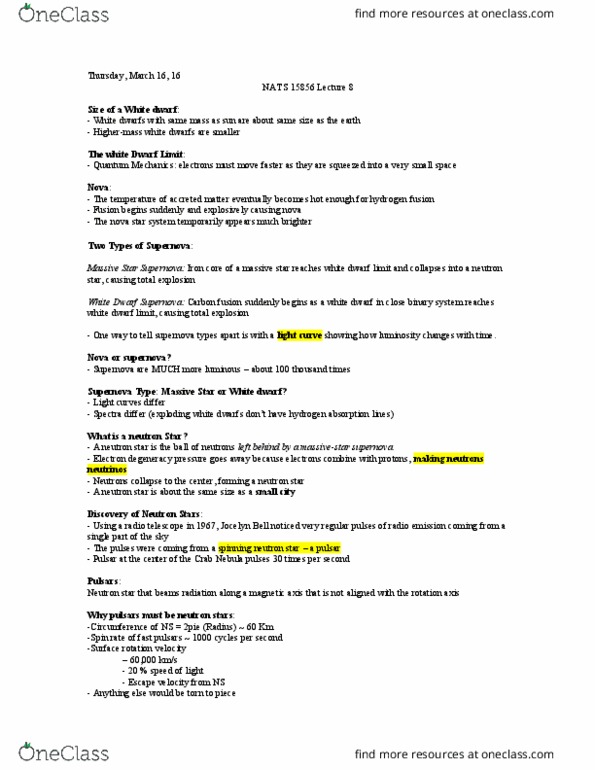 NATS 1585 Lecture Notes - Lecture 8: Degenerate Matter, Event Horizon, Light Curve thumbnail