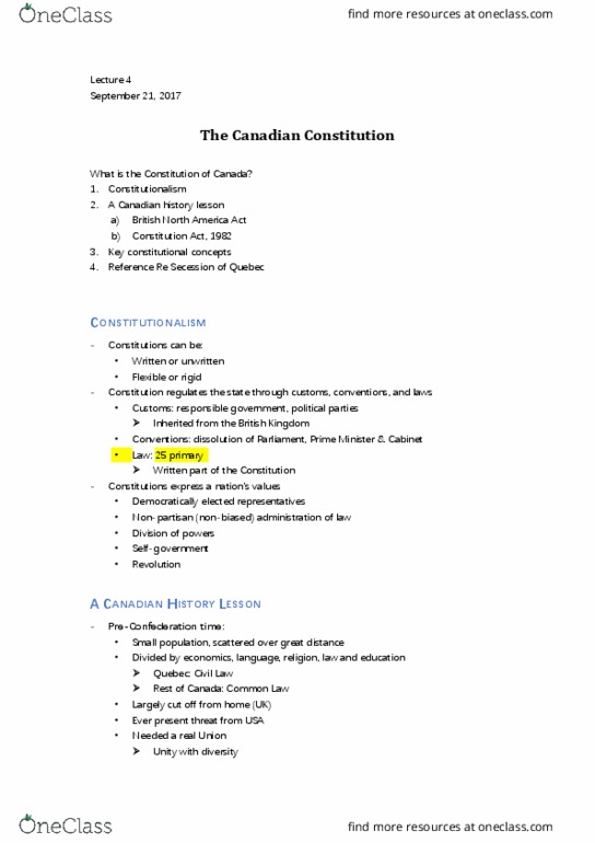 Law 2101 Lecture Notes - Lecture 4: Patriation, Constitutionalism, Constitution Act, 1982 thumbnail