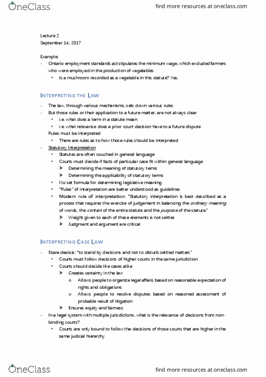 Law 2101 Lecture Notes - Lecture 2: Obiter Dictum, Precedent, Ratio Decidendi thumbnail