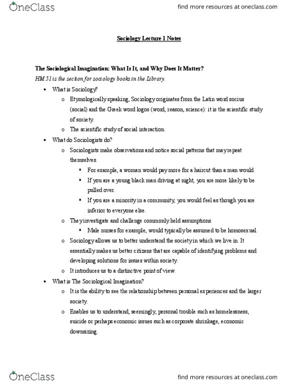 SOC 1101 Lecture Notes - Lecture 1: Social Reality, The Sociological Imagination thumbnail