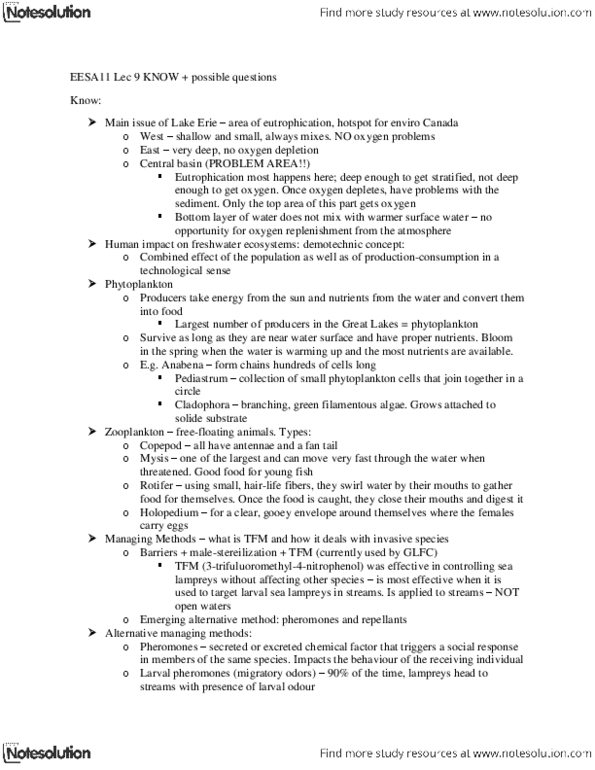 EESA11H3 Lecture Notes - Eutrophication, Water Cycle, St. Clair River thumbnail