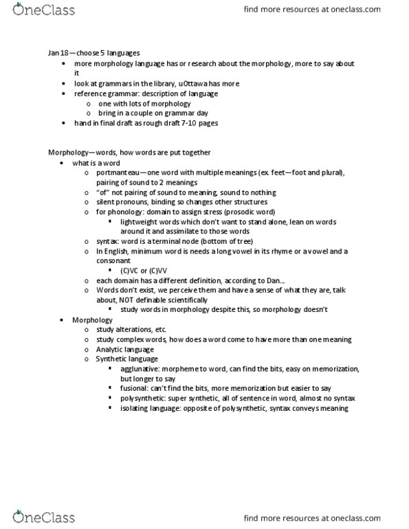 LING 3005 Lecture Notes - Lecture 1: Fusional Language, Analytic Language, Isolating Language thumbnail